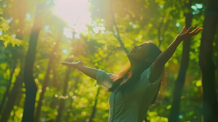 Overjoyed happy woman enjoying the green beautiful nature woods forest around her  concept of female people and healthy natural lifestyle  happiness emotion and adult lady opening arms : Generative AI