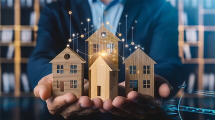 Fototapete - Real estate investment concept Businessman holding wooden model houses and virtual graph real estate growth in the future finance banking lending and trading : Generative AI