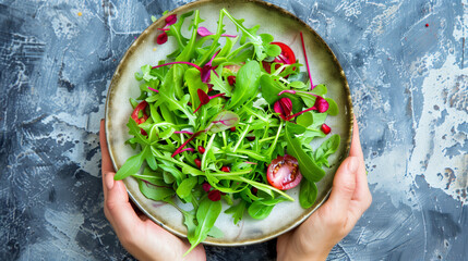 Wall Mural - A person is holding a bowl of salad with green lettuce and red tomatoes