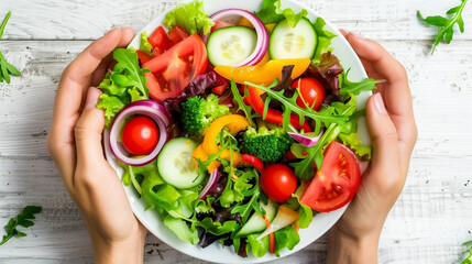 Wall Mural - A person is holding a plate of salad with a variety of vegetables including toma