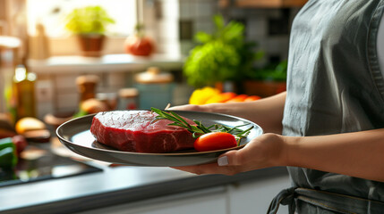 Wall Mural - A woman is holding a plate with a piece of meat and a tomato on it