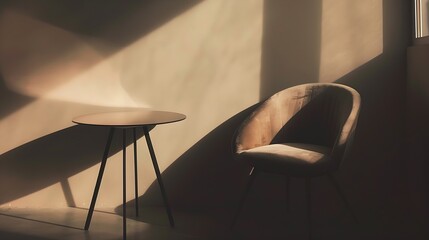 Wall Mural - Photograph capturing a chair and table nestled against a wall embodying a cozy minimalist interior design with a touch of warmth : Generative AI