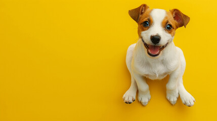 Wall Mural - A small dog is sitting on a yellow background with a big smile on its face