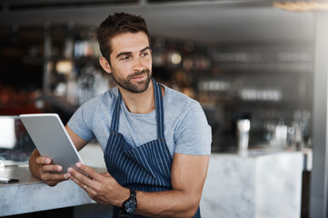 Poster - Business, coffee shop and man with tablet, thinking and internet with digital app, checklist and restaurant. Online order, barista and entrepreneur with tech, schedule and waiter in cafe and service