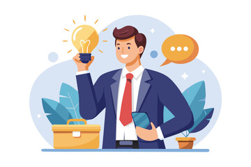 Aufkleber - Communicate idea advice or solution good communication skill for business success brainstorm or discuss in meeting concept smart businessman talk to colleague on phone line with lightbulb symbol