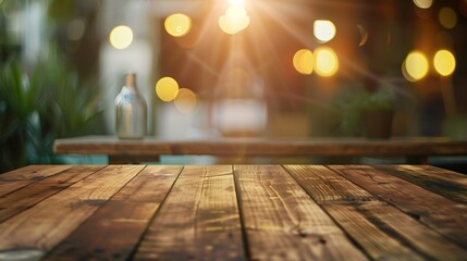 Poster - Empty wooden table and blurred background of abstract in front of restaurant or coffee shop for display of product or for montage : Generative AI