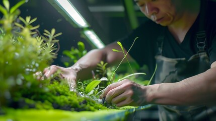 Poster - Man cleaning aquarium and cutting underwater plants : Generative AI