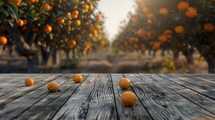 Poster - Empty wood table with free space over orange trees orange field background For product display montage : Generative AI