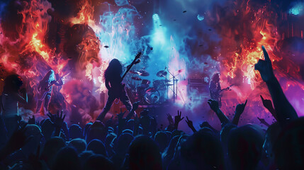 A heavy metal rock concert, where a crowd of fans indulges in the powerful sounds of distorted guitars.