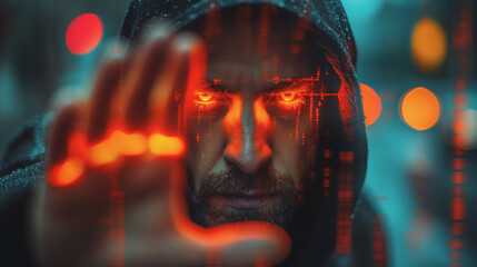 Poster - A man with red eyes is shown in a blurry image