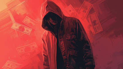 A man in a hoodie is standing in front of a pile of money. Concept of greed and desperation