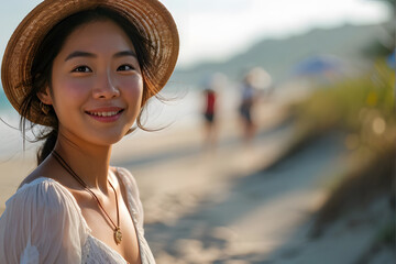 A woman wearing a straw hat and a necklace is smiling at the camera