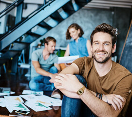 Poster - Business people, portrait and man in modern office, cooperation for design agency and consultant. Face, group or employees with entrepreneur, creativity or company development with charts or graphs