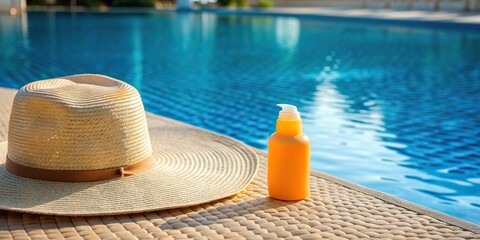 Wall Mural - Sun cream bottle placed on a hat next to a pool with copy space for text, perfect for summer vacation concept