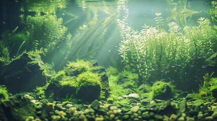 Wall Mural - Freshwater aquarium with snags green stones tropical fish and water plants : Generative AI