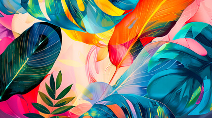 Wall Mural - Vibrant abstract tropical foliage in vivid colors, ideal for artistic backgrounds, creative projects, and exotic-themed designs.