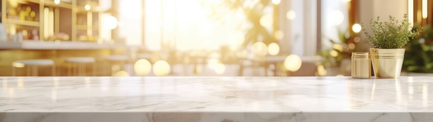 Empty white table top, counter, desk background over blur perspective bokeh light background, White marble stone table, shelf and blurred kitchen restaurant for food, product display mockup, template