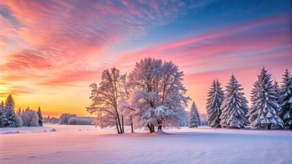 Wall Mural - Serene winter morning with snow-covered trees and a pink sunrise , winter, morning, peaceful, serene, snowy, trees, nature