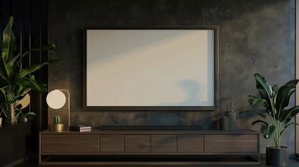 Leinwandbilder - Mockup frame on cabinet in living room interior on empty dark wall background3D rendering : Generative AI