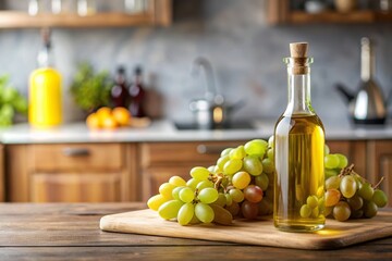 Wall Mural - Grape seed oil bottle next to grapes on table in modern kitchen , grape seed oil, bottle, grapes, table, kitchen, modern