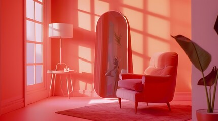 Poster - Aesthetic elegant home living room interior with coral walls comfortable chair mirror table carpet mirror Scandinavian interior design : Generative AI