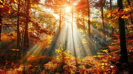 Poster - Autumn forest nature Vivid morning in colorful forest with sun rays through branches of trees Scenery of nature with sunlight : Generative AI