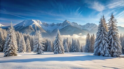 Wall Mural - Winter landscape with snow covered trees and mountains , winter, landscape, snow, trees, mountains, cold, frozen, scenic, nature
