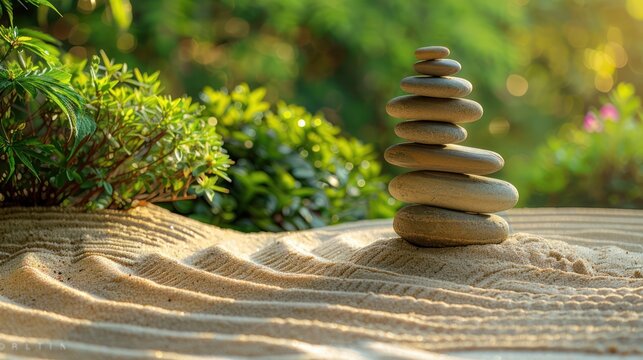 a stack of stones arranged in a zen garden, surrounded by raked sand and green foliage.