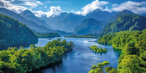 The majestic skyline of Doubtful Sound in Fiordland, New Zealand, with lush rainforests and deep fjords