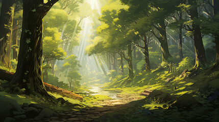 Sticker - Bright Forest Path with Sunlight Beams