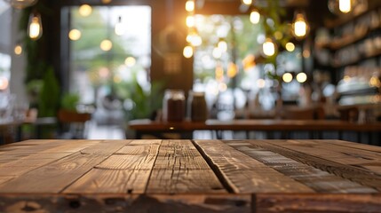 Poster - Empty wood table with blur interior coffee shop restaurant or cafe for background : Generative AI