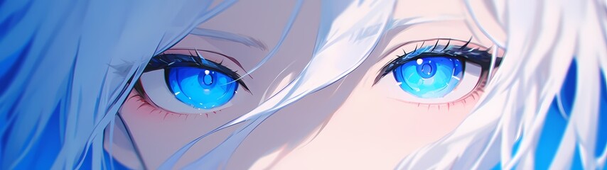 Wall Mural - close-up illustration of shining blue eyes, anime style banner wallpaper background
