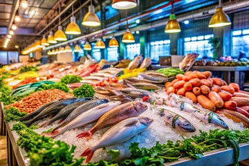 Vibrant fish market with fresh seafood on display , vibrant, high-key, brilliance, fish, market, seafood, display