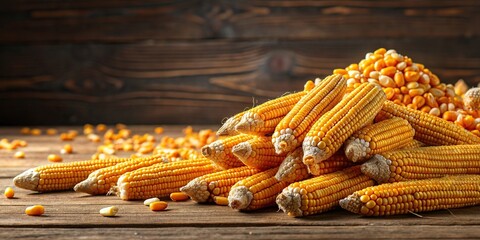Wall Mural - A pile of husked corn on a table, corn, husked, food, agriculture, farm, organic, yellow, fresh, harvest, kernels