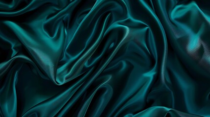 Poster - Dark teal green silk satin Shiny smooth fabric Soft folds Luxury background with space for design web banner Flat lay top view table Birthday Christmas Valentine New year : Generative AI