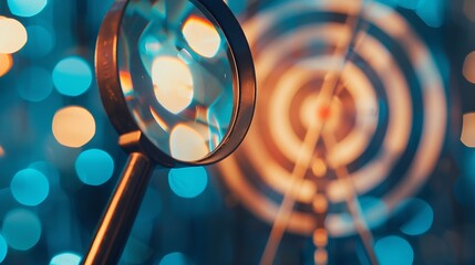 Leinwandbilder - Target board inside of magnifier glass for focus business objective achievement concept on blue background and copy space Search goal strategy success : Generative AI