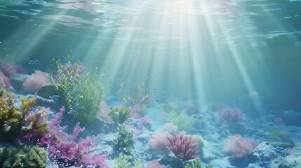 Wall Mural - Serene underwater scene with colorful marine plants and coral reef in clean azure water on sea bottom and sun rays from surface Beautiful undersea background 3D animation rendered in 4 : Generative AI