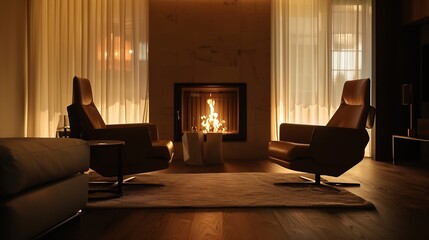 Wall Mural - Beautiful living room interior with fireplace and armchairs : Generative AI