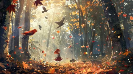 Anime girl with autumn-colored hair surrounded by falling leaves