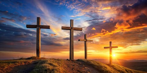 Three wooden Christian crucifix crosses on hill at sunset , religion, Christianity, faith