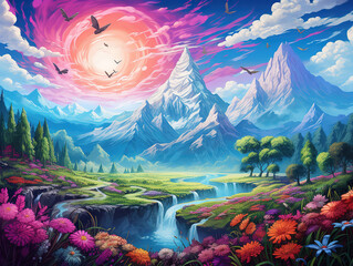 Canvas Print - Fantasy colorful landscape with meadow and mountains