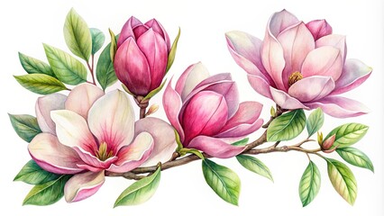Wall Mural - Watercolor of luxurious open magnolia flowers, buds, half-opened flowers, and leaves, watercolor, luxurious, magnolia, flowers