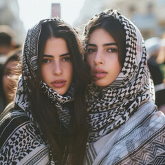 Wall Mural - two middle eastern arabic female models, wearing traditional Palestinian keffiyehs with a black and white pattern, keffiyeh wrapped around their neck