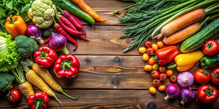Colorful vegetables arranged on a wooden table to showcase a bountiful harvest , harvest, abundance, vegetables