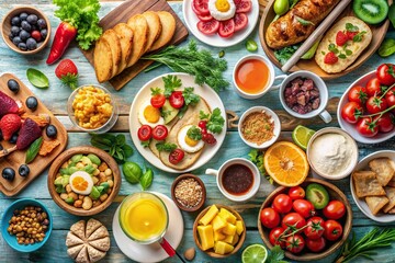Wall Mural - Delicious and colorful brunch spread on a table , brunch, food, meal, buffet, delicious, fresh, appetizing, breakfast, lunch