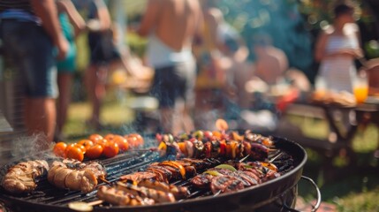 Wall Mural - Hazy background of a bustling barbecue party with the smell of charcoal and mouthwatering food lingering in the air.