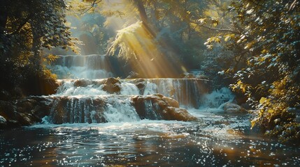 Poster - Nature river waterfall forest sun morning magical : Generative AI