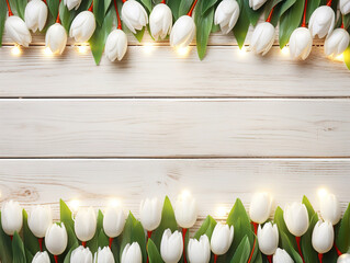 Wall Mural - Christmas lights bulb and pine leaves decoration on white wood plank, frame border design