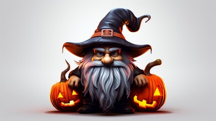 Vector illustration of a witch crouched between two glowing jack-o'-lanterns on a neutral background