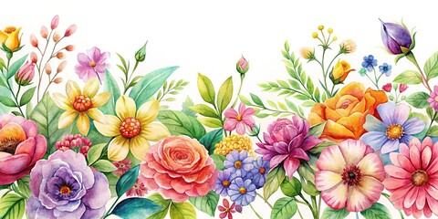 Wall Mural - Watercolor of colorful flowers and leaves on a white background, watercolor,flowers, leaves, nature, colorful, botanical